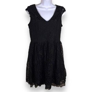Large Xhiliration Juniors Black Lace Dress Short Sleeve Goth Vneck Zip Closure